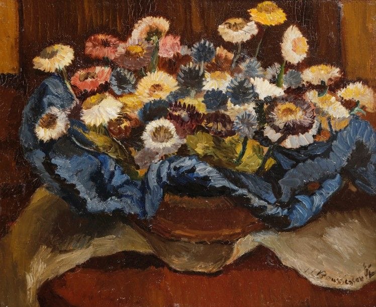 Jean-Louis BOUSSINGAULT (1883-1943)
Les Immortelles
Huile sur toile.
Signée en bas à droite.
33 x 41 cm

Provenance : 
- Galerie Cardo, Paris.
- Ancienne collection Jacquart (selon un étiquette au dos).