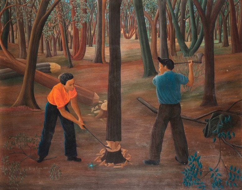 Serge FIORIO (1911-2011)
Les Bûcherons, 1959
Huile sur carton.
Signée et datée en bas à droite.
76 x 96 cm

Nous remercions Monsieur André Lombard, ayant droit de l’artiste, d’avoir confirmé l’authenticité de cette œuvre. 
