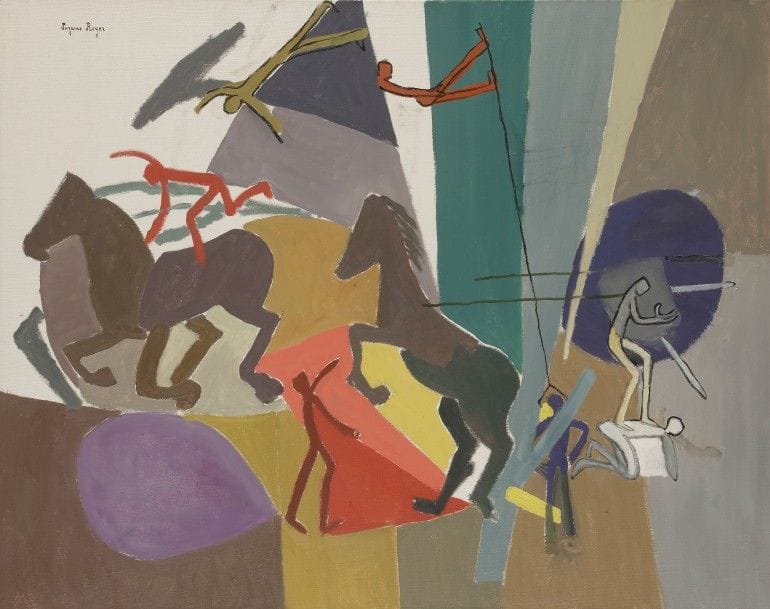 Suzanne ROGER (1899-1986)
Jeux de cirque, 1964
Huile sur toile.
Signée en haut à gauche.
73 x 92 cm

Provenance : 
Galerie Louise Leiris, Paris (étiquette au dos).