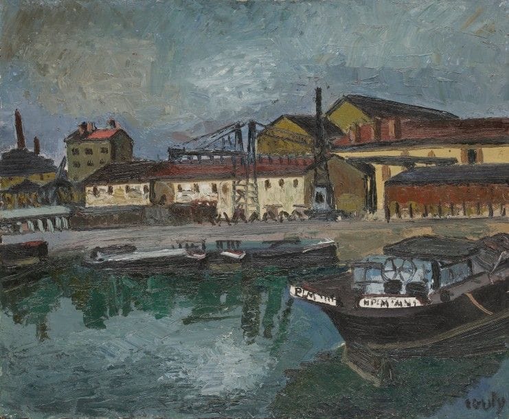 Jean COUTY (1907-1991)
Le Port, 1942
Huile sur toile.
Signée en bas à droite.
Signée et datée au dos.
54 x 65 cm