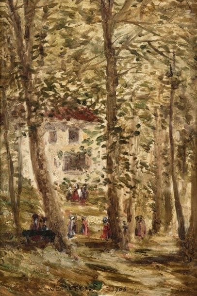 Willard Leroy METCALF (1858-1925)
Maison et sous-bois animé, 1906
Huile sur carton.
Signée et datée en pied.
22.5 x 15 cm