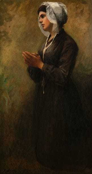 Daniel Ridgway KNIGHT (1839-1924)
Jeune fille en prière
Huile sur toile.
Signée et située « Paris » en bas à gauche.
(Rentoilage).
126 x 70 cm