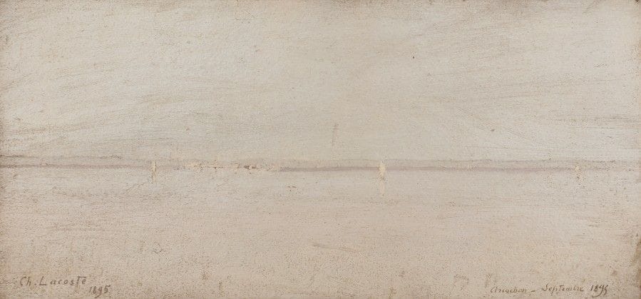 Charles LACOSTE (1870-1959)
Midi. Bassin d’Arcachon, 1895
Huile sur papier.
Signée et datée « 1895 » en bas à gauche.
Située et datée « Arcachon - Septembre 1895 en bas à droite.
Montage d’origine sur carton façon encadrement avec étiquette d’exposition n°26.
étiquette manuscrite au dos portant le titre et le numéro 26.
14.5 x 30.5 cm
Exposition: Salon des Cent, Charles Lacoste, du 1er Octobre au 30 novembre 1898, sous le numéro 26.