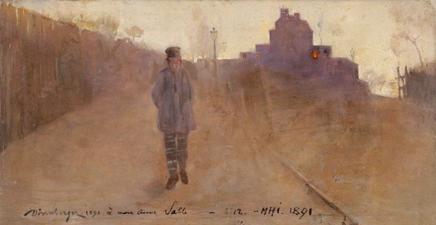 Karl Johannes DÖRNBERGER (1864-1940)
Passant dans la rue au crépuscule, 1891
Huile sur panneau.
Signée et dédicacée en bas à gauche.
Dédicacée en pied.
17 x 32.5 cm