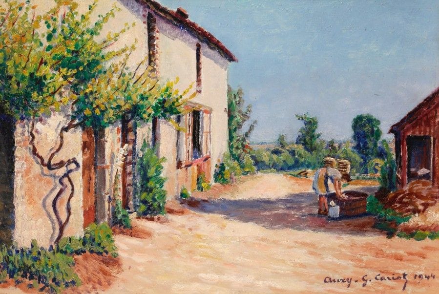 Gustave-Gaston CARIOT (1872-1950)
Cour de ferme à Auxy, 1944
Huile sur carton.
Signée, datée et située en bas à droite.
23 x 35 cm
