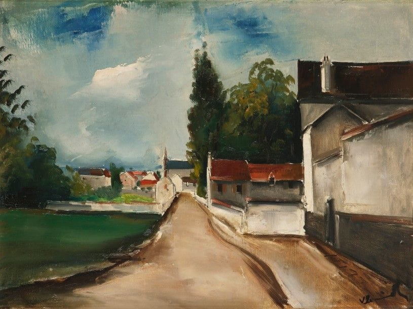 * Maurice de VLAMINCK (1876-1958)
Route de l’église, 1926
Huile sur toile.
Signée en bas à droite.
54 x 73 cm

Provenance : 
- Galerie Vildrac, Paris (étiquette au dos)
- Succession de Monsieur X., Suresnes.

Exposition : 
Hommage de la Beauce à Vlaminck, Chambre de Commerce de Chartres, 1972, n°31.

Le tableau sera inclus au Catalogue Raisonné de l’œuvre de Maurice de Vlaminck actuellement en préparation par Maïthé Vallès-Bled sous l’égide du Wildenstein Institute. Un avis d’inclusion au Catalogue Raisonné du Wildenstein Institute en date du 21 mars 2016 sera remis à l’acquéreur.

