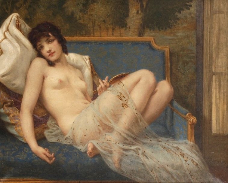 Guillaume SEIGNAC (1870-1924)
Nu au canapé
Huile sur toile.
Signée en bas à droite.
55 x 65 cm