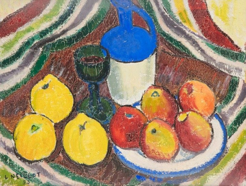 Louis NEILLOT (1898-1973)
Pommes et verre vert, 1953
Huile sur toile.
Signée et datée en bas à gauche.
33 x 41 cm

Bibliographie : 
- Collette Manigand-Neillot et Juliette Constantin-Neillot, Louis Neillot Catalogue Raisonné, 1997, numéro 762 reproduit page 116. 
- René Barjavel, Neillot, éditions Linéal, Paris, 1975, reproduit page 81.
