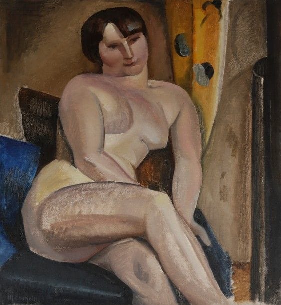 Maurice ESMEIN (1888-1918)
Nu au fauteuil, vers 1913
Huile sur toile.
Signée en bas à gauche.
Signée au dos sur le châssis.
92 x 80 cm