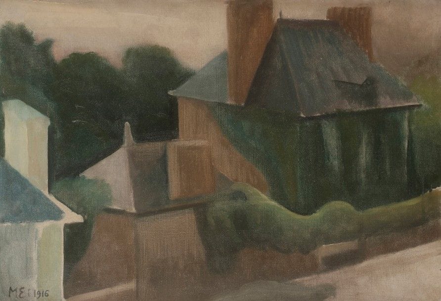 Maurice ESMEIN (1888-1918)
Village, 1916
Huile sur toile.
Monogrammée et datée en bas à gauche.
38 x 55 cm