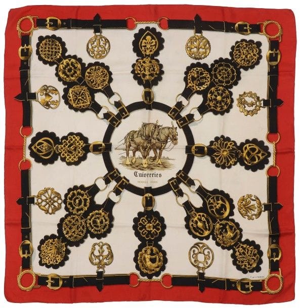 Carré HERMÈS, 
« Cuivreries », fond blanc, entourage rouge, signé F de la Perriere. 