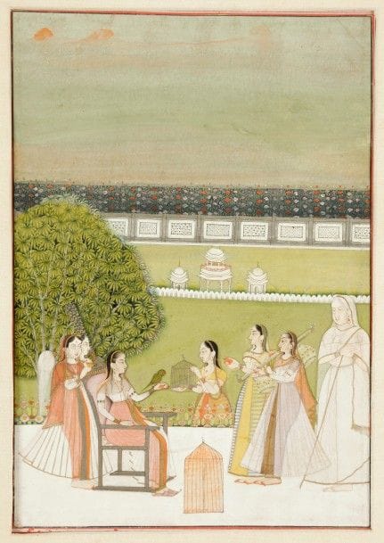 Jeune femme au perroquet, Bengale, style moghol
Gouache sur page cartonnée à divers encadrements. Elle est assise sur une terrasse, un perroquet vert posé sur sa main devant un parterre de fleurs. Musiciennes, duègne et serviteurs l’entourent.
Dim. peinture à vue : 22,5 x 15,5 cm
A young lady with a parrot, Bengal, Mughal style
