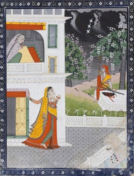 Jeune femme à la porte d’un pavillon regarde un sikh fumant le hoqqa, Haute Pendjab, fin XIXe- début XXe siècle
Gouache sur page d’album cartonnée à encadrement de rinceaux de fleurettes sur fond noir. Le sikh est assis sur un lit près d’un arbre. Son fusil et son sabre à ses pieds. Au premier étage une duègne.
Dim. : 22,2 x 17,2 cm
État : mouillure au coin à droite
A young lady in front of a pavilion, Punjab, late 19th-early 20th century