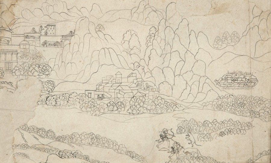 Scène de chasse au lion dans la montagne, Inde du nord, XVIIIe siècle
Dessin à l’encre sur papier. Dans un paysage montagneux, près de plusieurs villages, deux hommes chassent un lion, l’un avec un arc, le second avec un épieu. Deux figures humaines sont dessinées dans les rochers. 
Dim. : 39 x 24 cm
État : pliures du papier, restaurations sur les côtés.

Provenance : ancienne collection René Gonse, artiste et graveur, ayant exposé au Salon des Indépendants de 1878 et de l’ancienne Collection Bradery, Paris, vers 1943. 
A scene of hunting a lion in the mountains, North of India, 18th century
