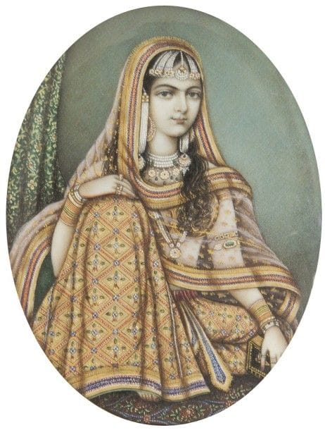 Portraits de l’empereur Akbar et sa femme Jodha Bai, Inde, Company school, XIXe siècle
Deux miniatures ovales sur ivoire peintes en polychromie et or présentant Akbar tenant un faucon et sa femme tenant un livre. Cadre doré.
Dim. : 11 x 8,5 cm
Portraits on ivory of Emperor Akbar and his wife Jodha Bai, Indian Company School, 19th century