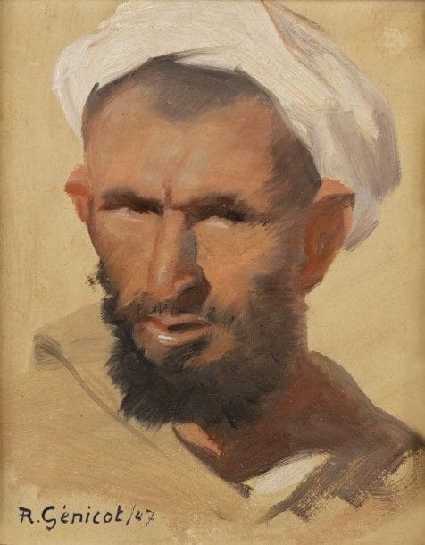 Robert GENICOT (1890-1981)
Portrait d’homme oriental, 1947
Huile sur panneau.
Signée et datée en bas à gauche.
Dédicacée au dos.
24 x 19 cm