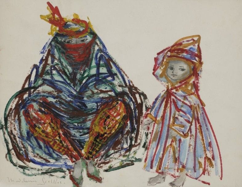 Madeleine SCELLIER (née en 1928)
Femme et enfant orientaux
Gouache et aquarelle.
Signée en bas à gauche.
24.5 x 31 cm