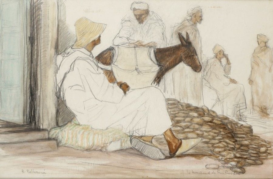 B. BELHAOUI (XXe siècle)
Le Marchand de pain rassis, 2006
Dessin au crayon et aquarelle.
Signé en bas à gauche.
Daté et titré en bas à droite.
40 x 57,5 cm
