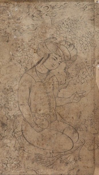 Jeune homme agenouillé dans le style safavide, Iran, XIXe siècle
Dessin à l’encre sur papier à traces d’encadrement doré. Le prince se tient agenouillé près d’arbustes, la tête inclinée tenant une coupe et une bouteille. Sa veste et sa boucle d’oreille sont rehaussées d’or.
Dim.: 16,5 x 9,4 cm
État : Restaurations en haut à gauche, petits manques, salissures sur l’ensemble.
A Safavid style drawing, Qajar Iran, 19th century