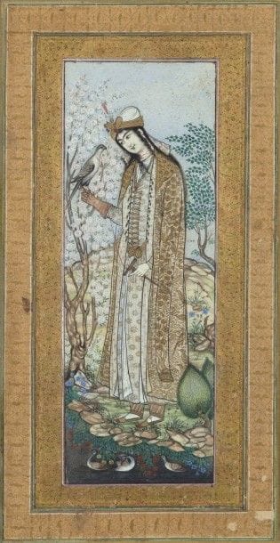 Jeune homme au faucon, style safavide, Iran, XIXe siècle
Gouache sur papier rehaussée d’or. Dans un paysage, au bord d’une rivière, un jeune homme, debout, au manteau à décor animalier doré, tient un faucon, date rajoutée : 1666. Riches encadrements sur fond doré d’entrelacs de fleurettes. Ancienne carte de visite de Gisèle Croës.
Dim. à vue : 14.3 x 27.5 cm 
A young man holding a falcon, Safavid style, Iran, 19th century