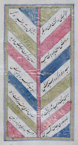 Manuscrit poétique Nameh Delgosha, Cachemire, daté 1233 H. / 1817
Texte en persan de quinze lignes en nast’aliq à l’encre noire, réparties sur deux colonnes horizontalement ou diagonalement, et titres en rouge en réserve sur fond doré. Le titre du manuscrit « Delgosha Nameh » est cité en page vingt-trois. Le manuscrit est orné de 101 miniatures en polychromie et or représentant des scènes de cours et des batailles accompagnées de leurs descriptions à l’encre rouge sur les marges. Il est enluminé d’un frontispice en unwân surmonté d’arcatures polylobées à tiges florales et d’arabesques dorées sur fond bleu. Le colophon daté 1233H. / 1817. Reliure en cuir brun estampé d’une mandorle et appendices à rinceaux, avec sa boîte en fer blanc. 
Dim. reliure : 24,5 x 15 cm 
Etat : sur la page de garde à l’encre noire « Mokhtar Nameh », traces de brûlures et salissures sur quelques folios, reliure consolidée.

Nameh Delgosha est un manuscrit poétique et épique en forme de Masnavi de Mirza Arjomand Mohammad Khalaf Abu al-Qasem Abd al-Qâni Azad Cachemiri au 12e siècle de l’Hégire. Il relate l’histoire de Mukhtar al-Thaqafi défenseur et partisan de Ali, qui a voulu venger le meurtre de Hussein en 680H. / 1281 à Koufa en Iraq. 
Nameh Delgosha by Mirza Arjomand Mohammad Khalaf Abu al-Qasem Abd al-Qâni Azad Kashmiri, Kashmir, dated 1233 H. / 1817 