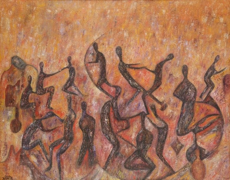 Rezki ZERARTI [algérien] (né en 1938)
La Tribu africaine, 2006
Huile sur toile.
Signée et datée en bas à gauche.
Signée, datée et titrée au dos.
90 x 115 cm
