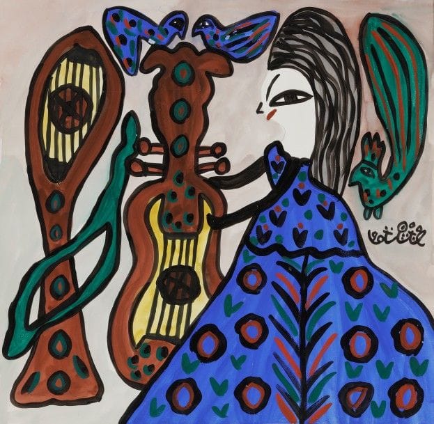 BAYA [algérienne] (1931-1998)
Femme à la guitare, 1990
Gouache.
Signée et datée sur la droite.
Signée au dos.
50 x 50 cm
