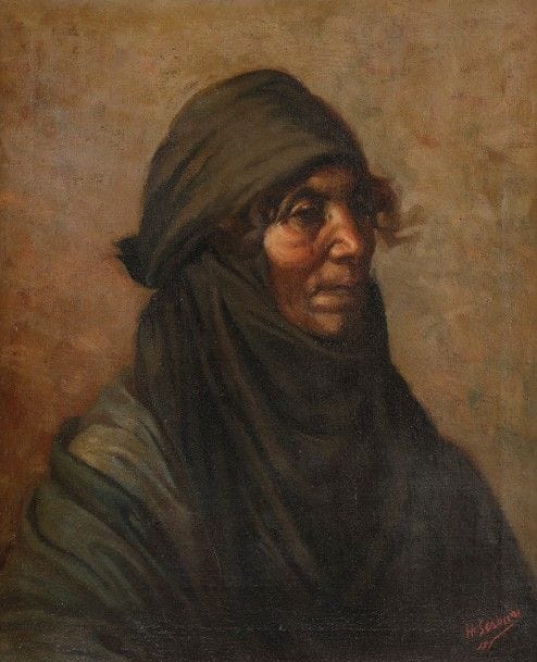 Habib SROUR [libanais] (1836-1938)
Bédouine, vers 1910
Huile sur toile.
Signée en bas à droite.
(Restaurations en partie basse).
46 x 38 cm
