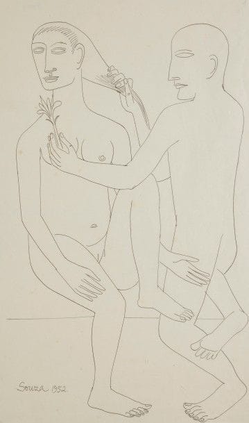 Francis Newton SOUZA [indien] (1924-2002)
Couple à la fleur, 1952
Dessin à l’encre.
Signé et daté en bas à gauche.
39 x 25 cm
