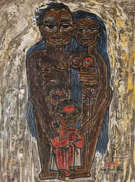 Laxman PAI [indien] (né en 1926)
La Famille, 1959
Huile sur toile.
Signée, datée et située Paris en bas à droite.
61 x 46 cm
