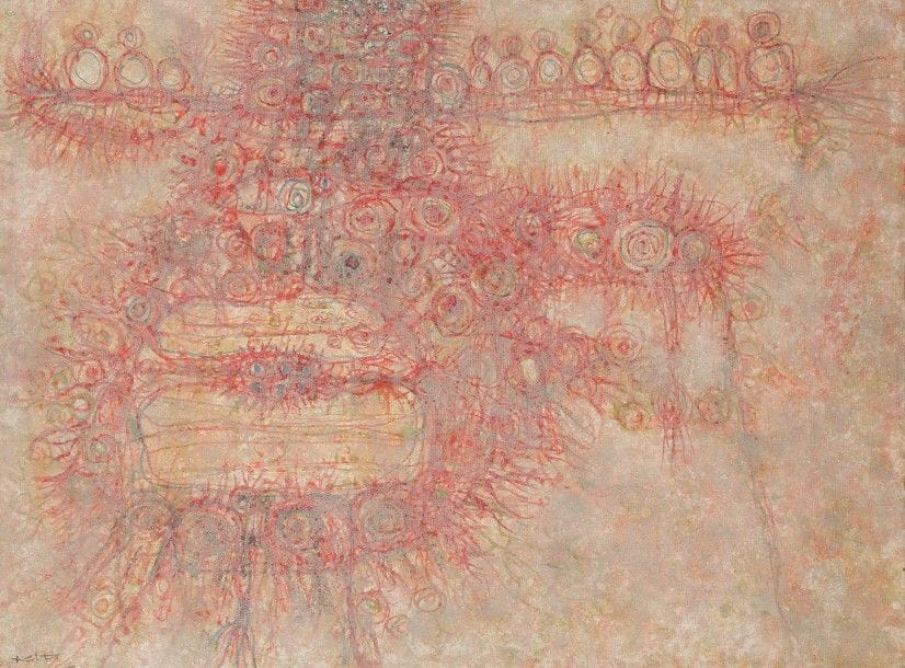 Akira KITO [japonais] (1925-1994)
Phénix, 1963
Huile sur toile.
Signée en bas à droite.
Signée, datée et titrée au dos.
60 x 81 cm
