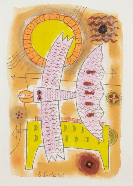 Manabu KOCHI [japonais] (né en 1954)
Portrait de l’Oiseau-Qui-N’Existe-Pas, 2001
Gouache et graphite sur papier.
Signée et datée en bas à gauche.
39 x 29 cm
