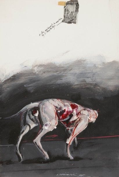 Vladimir VELICKOVIC [serbe] (né en 1935)
Chien en mouvement, 1995
Gouache et collage sur vélin blanc.
Annotée à la plume et à l’encre en tête « The animals in motion  /  by E. Muybridge » puis signée et datée au crayon blanc en pied au centre. 
Au verso, dédicace : «  pour Jean-François, en amitié, Vladr. 18.1.05 Arcueil »
46 x 31 cm

Provenance :
Collection du photographe Jean-François Bonhomme (1943-2015).

