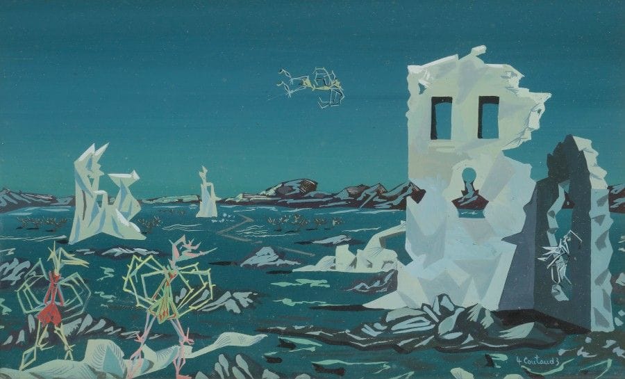 Lucien COUTAUD (1904-1977)
Quatre volants des ruines, 1943
Gouache.
Signée et datée en bas à droite.
Datée et titrée au dos.
15.5 x 23.5 cm
