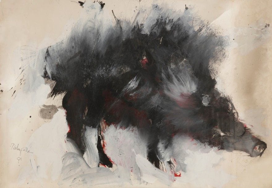 Paul REBEYROLLE (1926-2005)
Sanglier
Huile sur papier.
Signée et datée en bas à gauche.
(Déchirures et plis).
80 x 120 cm

Cette œuvre est répertoriée dans les Archives de l’Espace Paul Rebeyrolle.
