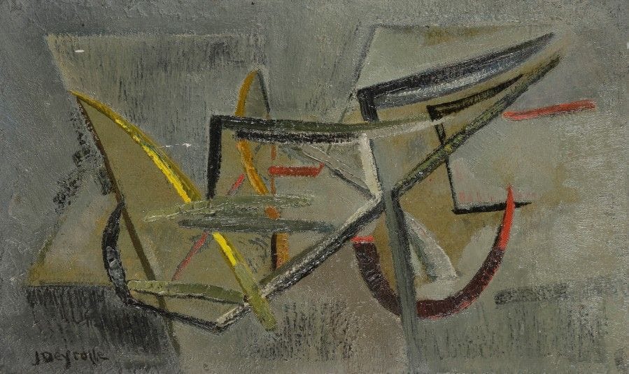 Jean DEYROLLE (1911-1967)
Construit sur de l’eau, 1947
Huile sur panneau
Signée en bas à gauche.
Titrée et numérotée au dos.
27 x 46 cm

Provenance :
Collection Ove Hojgaard Andersen (1929-2007), Danemark.

Bibliographie : 
Georges Richar-Rivier, Deyrolle, Catalogue Raisonné de l’œuvre peint (1944-1967), Le Cercle d’Art contemporain, Paris, 1998, le schéma de l’œuvre reproduit sous le n°47.18.
