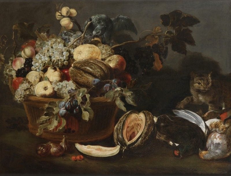 École FLAMANDE du XVIIe siècle, atelier de Frans SNYDERS.
Nature morte à la corbeille de fruits, volailles et écureuil .
Toile .
89 x 117,5 cm.
Inscription au revers de la toile : DK .
Etiquette sur le châssis : Francis Snyders ... .
.
Provenance : .
Paris, Hôtel Drouot, 16 décembre 2005.
(Me Bondu), n°20, repr. .
.
Frans Snyders renouvelle le genre de la nature morte hérité de Pieter Aertsen et de Joachim Beuckelaer et transpose dans ses natures-mortes l’ampleur et la fougue de Pierre Paul Rubens. Il anime ses compositions d’un souffle baroque et en rythme les masses selon des schémas simples, scandés par quelques diagonales reposant sur des horizontales..
Couleurs éclatantes et abondance caractérisent des œuvres qui sont à l’image de la prospérité des Flandres au XVIIe siècle. Dans ces accumulations de victuailles, tout n’est que plaisir et vitalité ! S’y glisse facilement un animal, chat furtif ou singe malicieux qui transforme instantanément la nature morte en nature « vive » !.
.
Notre tableau s’inspire d’une œuvre de Frans Snyders, Corbeille de fruits avec gibier à plume (1616, panneau, 73.4 x 104.8 cm, signé en bas à droite) conservée à la maison Rockox, à Anvers. On remarque les garnitures très proches des deux corbeilles, les melons du premier-plan et les volailles gisant sur le bord de la table. .
Frans Snyders eut peu d’imitateurs directs mais influença largement ses contemporains ainsi que la peinture française du XVIIIe siècle..