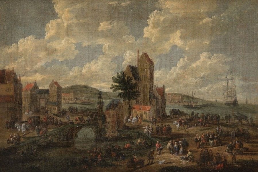 Attribué à Peeter BOUT (1658 - 1719).
Village en bord de rivère animé de personnages.
Toile.
21 x 30,5 cm.
Au revers une étiquette ancienne, mentionnant une ancienne attribution à Bout et Boudewyns.
Restaurations anciennes.
