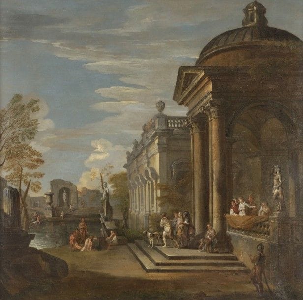 Giovanni Paolo PANINI .
(Piacenza 1691 - Rome 1765).
La piscine probatique.
Toile.
91 x 90 cm.
Monogrammée en bas à droite : GPP.
En bas à gauche : H .
Restaurations anciennes .
.
Provenance : .
Crawford, London. .
Vente anonyme, New York, le 23 janvier 2004 (Christie’s), n° 86 ; .
Acquis à cette vente par Georges Bemberg..
.
Bibliographie : .
Probablement E. Brunetti, « Il Panini e la monografia di F. Arisi », in Arte Antica e Moderna, 1964, p. 187, no. 26, fig. 65a ..
F. Arisi, Gian Paolo Panini, Rome, 1986, p. 247, no. 61..