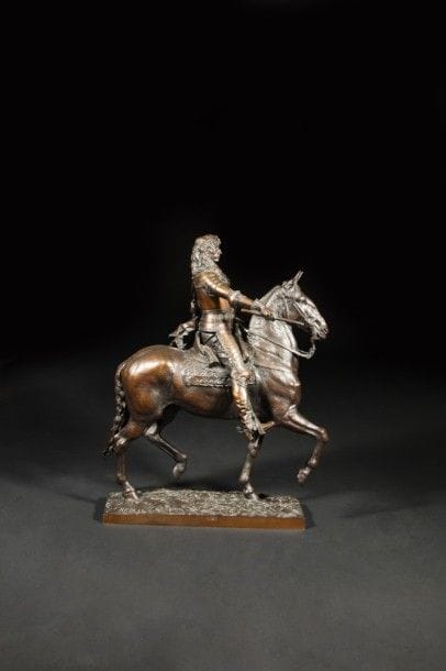 Emmanuel FREMIET (1824-1910).
Le Grand Condé à cheval.
Bronze à patine brun cuivré..
Signé: «E. Frémiet» sur la terrasse..
Fonte de More..
Circa 1890..
H : 49 cm, L : 34 cm, P : 10,5 cm.
.
