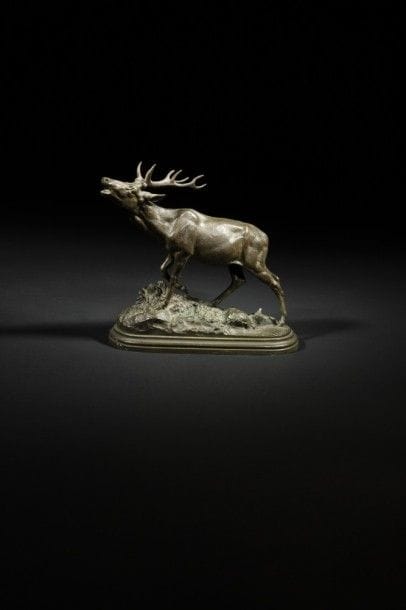 Isidore BONHEUR (1827-1901).
Cerf au brame.
Bronze à patine brun nuancé..
Signé « I. Bonheur» et marque du Fondeur: «Peyrol» sur la terrasse..
Circa 1890..
H : 23 cm, L : 24 cm