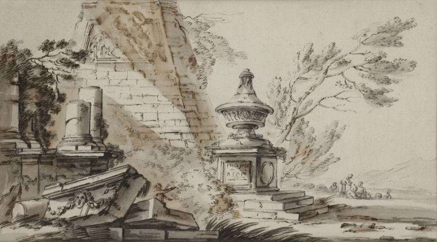 Attribué à Jean-Baptiste LALLEMAND.
(Dijon 1716 - Paris 1803) .
Ruines animées.
Plume et encre noire, lavis gris et lavis brun.
18 x 29,5 cm.
Annoté dans le bas « Lallemand ».
