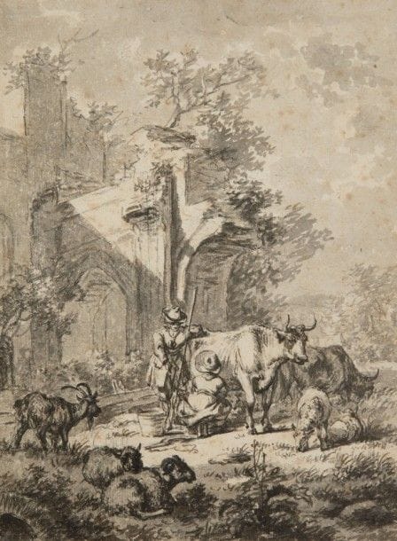 École française du XVIIIe siècle.
Une paire : repos des bergers .
Lavis gris sur traits de crayon noir .
21 x 16,3 cm.
Annoté « J.Cals » sur le montage .
Rousseurs .
