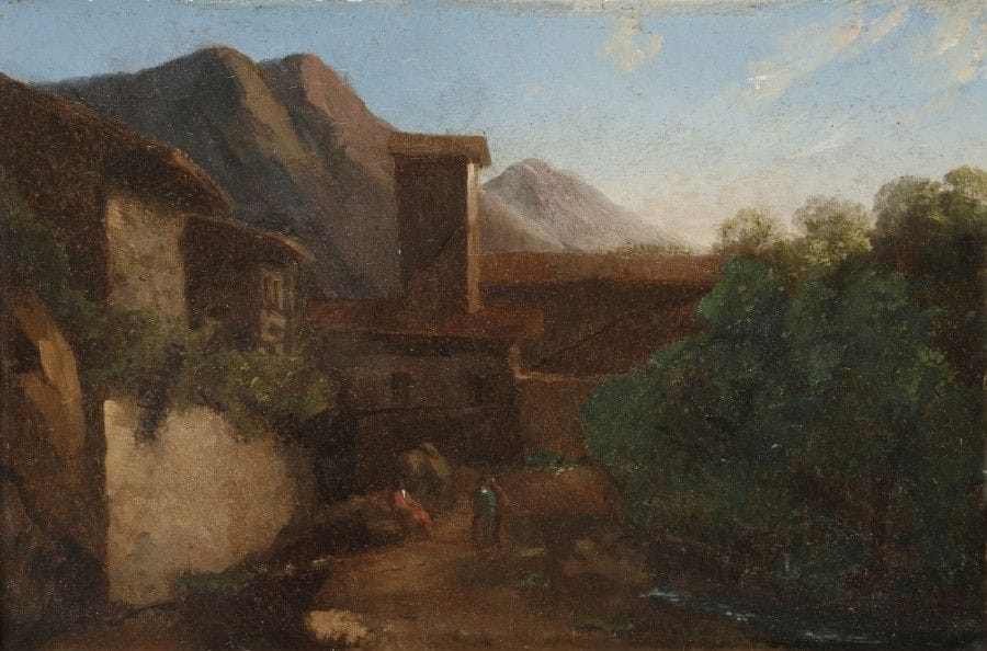 Attribué à Paul FLANDRIN.
(1811 - 1902).
Les montagnes de la Sabine.
Panneau de noyer, une planche, non parqueté, filassé.
16 x 23 cm.
