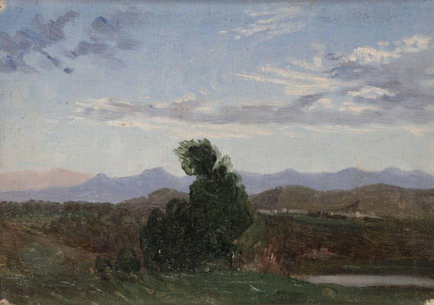 Attribué à Auguste RAVIER.
(1814 -1895).
Paysage d’Italie.
Toile.
16 x 22,5 cm.
  