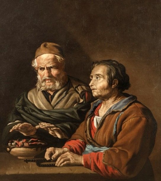 Attribué à Matthias STOMER .
(Amersfoort 1600 - en Sicile après 1650 ?).
Couple de vieillards se chauffant près d’un brasero .
Toile .
120,6 x 105 cm.
Restaurations anciennes .
