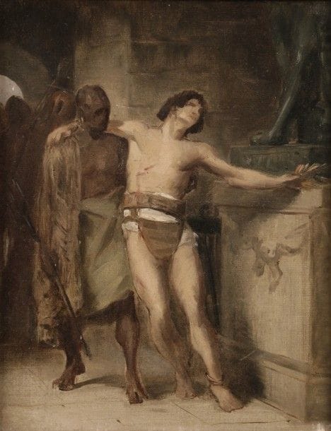 Maxime FAIVRE (1856-1941).
Esquisse pour Dernière Victoire, 1880.
Toile..
27 x 21,5 cm.

