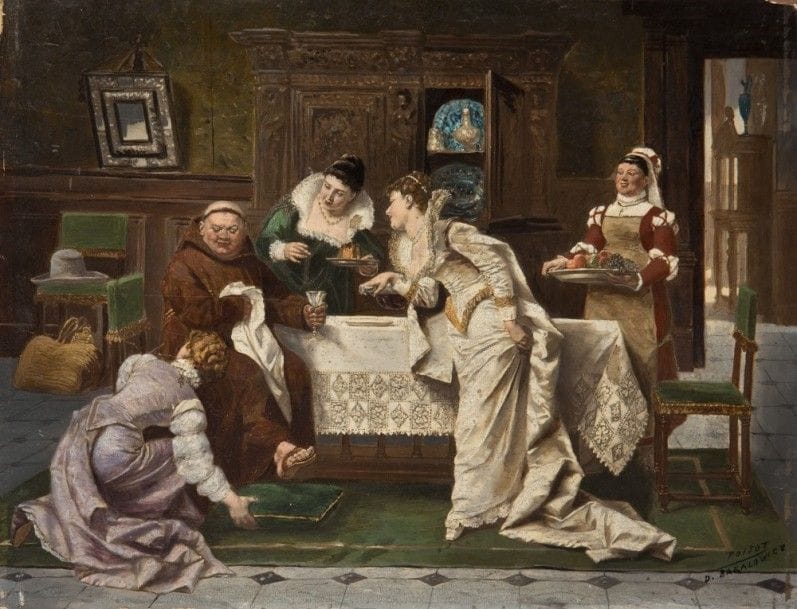 Jean-Baptiste POISOT.
d’après BAKALOWICZ (1833-1904).
Le festin de l’ecclésiastique à la Cour des Valois..
Huile sur panneau..
Signé Poisot / Bakalowicz.
21 x 35 cm.
