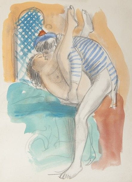 [CURIOSA] UZELAC (Milivoy). - VERLAINE (Paul).
Les gars de la marine. Inspirés par Verlaine.
S.l., 1946. — Manuscrit in-8, 242 x 190 : (15 ff. dernier blanc), couverture illustrée. Reliure à spirales.

Maquette d’éditeur originale et unique de cet ouvrage érotique qui, d’après une note inscrite sur un feuillet joint, devait paraître sous le manteau en 1950. Elle fut réalisée en 1946 et comporte 13 DESSINS ORIGINAUX TRÈS LIBRES, dont un sur la couverture et 12 à pleine page, DU PEINTRE BOSNIAQUE MILIVOY UZELAC (1897-1977).
Connu pour ses peintures figuratives ainsi que pour ses nus, Uzelac, qui était peintre mais également illustrateur et sculpteur, suivit les cours de Jan Preisler à l’Académie des Beaux-Arts de Prague. Participant aux salons les plus prestigieux d’Europe, ses œuvres sont largement influencées des artistes français.
Les 12 grands dessins qu’il propose ici sont d’une très belle qualité, réalisés au crayon et rehaussés à la gouache. Ils ne sont pas signés mais le premier feuillet indique bien « douze dessins originaux / Uzelac ». En regard de chacune des compositions a été recopié un poème ou un extrait de poème provenant des Vers libres de Paul Verlaine.
Quelques rousseurs sur les plats.