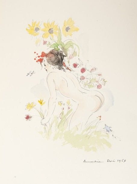 [DORÉ (Amandine)] TALLEMANT DES RÉAUX (Gédéon).
Historiettes Galantes.
Paris : Les Bibliophiles de la Basoche, (1966). — In-4, 341 x 260 : 177 pp., (4 ff.), couverture imprimée. Maroquin janséniste bordeaux, dos lisse, cuivre original incrusté dans la première doublure, avec cadre de maroquin noir et bordeaux, seconde doublure composé d’un large cadre de maroquin noir et bordeaux avec au centre une large pièce de soie moirée beige, gardes de soie moirée beige, doubles gardes de papier marbré, tête dorée, non rogné, couverture et dos conservés, chemise à dos et larges bandes à recouvrement de maroquin bordeaux, doublée de soie moirée beige, étui bordé (Jean-Étienne).

Édition imprimée à 350 exemplaires sur grand vélin de Mandeure plus quelques réservés à l’artiste et aux collaborateurs, illustrée de 29 compositions érotiques d’Amandine Doré, de son vrai nom Odette Bonne (1912-2011), dont 14 reproductions de dessins accompagnant les lettrines et 15 pointes sèches originales en couleurs à pleine page.
Précieux exemplaire de collaborateur, spécialement imprimé pour Jean Estrade, créateur des éditions «Les Heures Claires», qui participa à l’élaboration de cet ouvrage.
Il a été enrichi des éléments suivants :
- cuivre original d’une planche refusée,
- suite en noir de 5 planches refusées,
- 3 aquarelles originales, la première signée AD, agrémentée de cette belle dédicace : «A Monsieur Jean Lestrade. Ce premier livre fait ensemble sera je pense le début d’une fidèle collaboration et d’une solide amitié. Amandine Doré» ; la seconde signée «Amandine Doré 1967» ; la troisième, placée à la fin du volume, dédicacée « Pour Monsieur Estrade avec mes voeux de nouvel an 1968»,
- 21 dessins originaux sur papier calque, études pour l’illustration du livre.
Parfait exemplaire dans une reliure signée Jean-Étienne.
